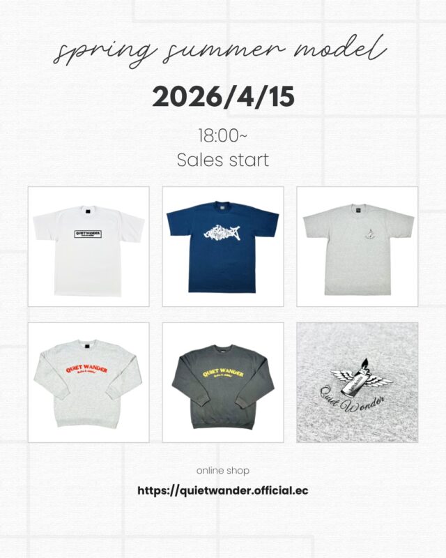明日、4月15日（水曜日）18時〜
QUIET WANDER 新作アパレル 春夏モデルが発売開始します‼️

シンプルで「大人カッコいい」中にも、「子供の遊び心」も忘れない、
全てのアングラーに着てほしい
Tシャツ3種類／トレーナー1種類　（3色展開）
が、ついに明日からオンラインショップに並びます🔥🔥

size：L／XL

お楽しみに😆！

#QUIETWANDER
#新作アパレル
#春夏モデル
#販売開始